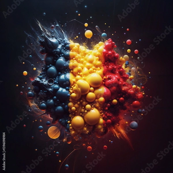 Fototapeta Abstract digital cluster of Romania flag balloons in vibrant colors on dark background