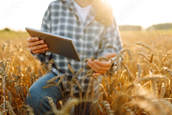 Fototapeta Close-up of young female farmer with digital tablet working in agricultural field. Female agronomist inspecting crop and checking quality of golden wheat. Agriculture concept.