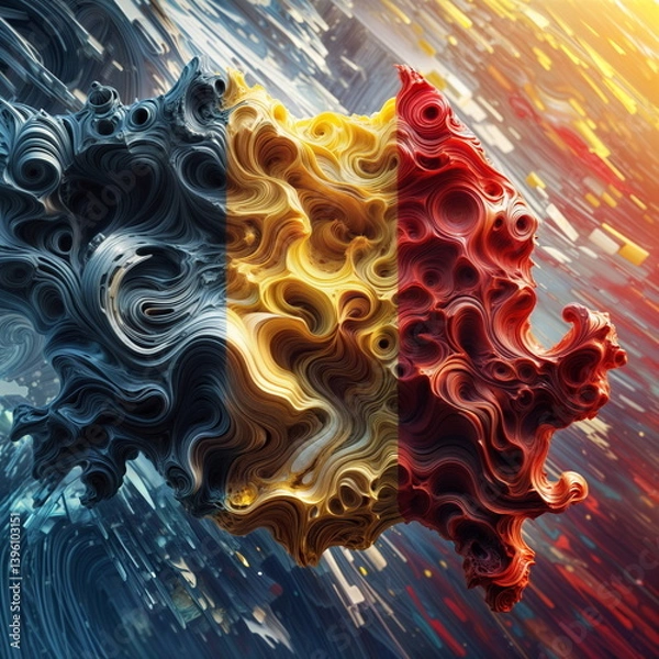 Fototapeta Abstract digital depiction of Romania flag with wavy textures and vibrant swirling colors