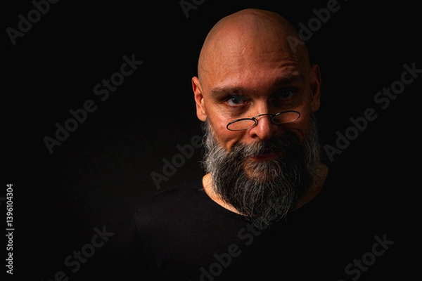 Fototapeta Bald bearded man with intense gaze and round glasses, half-lit in dramatic low key lighting. Mysterious look, wise expression, dark moody portrait