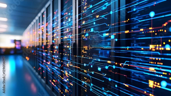 Fototapeta Data Center Interior With Glowing Network Connections