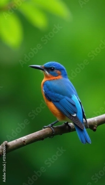 Fototapeta Vibrant blue bird rests on twig, lush greenery bokeh, bush, outdoor, avian