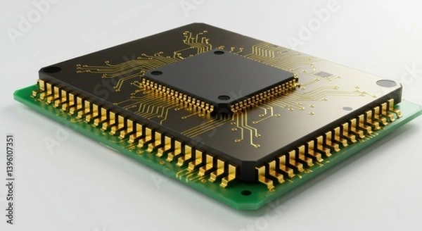 Fototapeta A close up shot of a microchip with golden pins and intricate circuit patterns on a light background