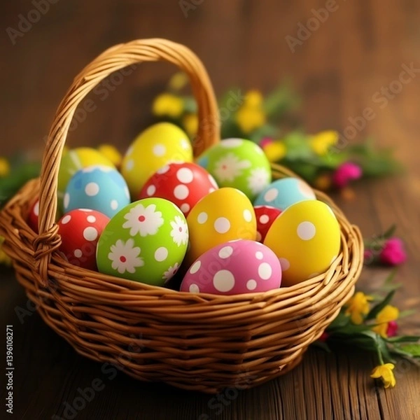 Fototapeta Colorful Easter eggs fill a basket on a table, celebrating the festive holiday spirit.