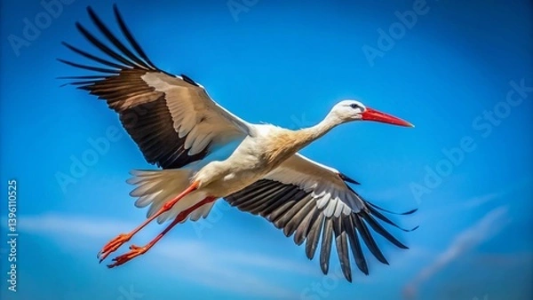 Obraz Majestic Stork in Flight, Blue Sky Background - Copy Space