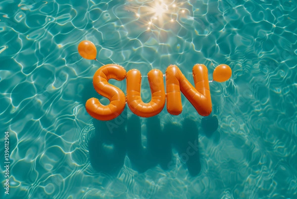 Fototapeta Inflatable orange letters spelling "sun" floating on turquoise pool water with sunlight reflecting on ripples making a cheerful, vibrant atmosphere
