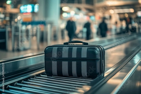 Fototapeta Black suitcase on airport conveyor belt with blurred passengers and security control background
