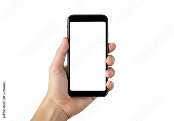 Fototapeta Hand Holding Black Smartphone With Blank White Screen, Isolated, Mockup for App Display.