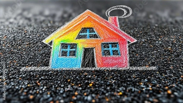 Fototapeta Chalk drawing of a colorful house with square windows and a triangle roof on asphalt