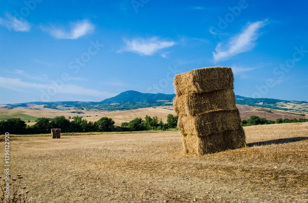 Fototapeta Quattro balle di fieno accatastate in un campo della Val d'Orcia dopo la mietitura in una giornata estiva di sole