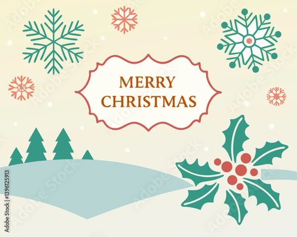 Fototapeta Merry Christmas greeting card with snowflakes and holly  