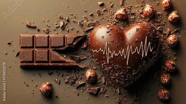 Fototapeta Heart and chocolate bar with an ECG trace illustrating indulgence and impact