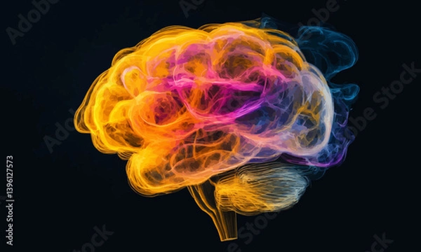 Fototapeta A colorful brain with swirling shapes of yellow orange pink and purple hues on a dark black background, inspiration, neuroplasticity