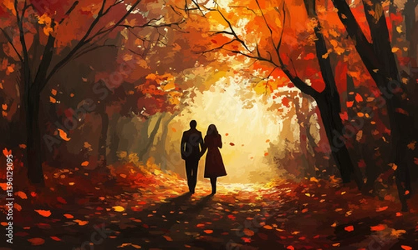 Fototapeta A couple walking together through a forest path covered with autumn leaves.