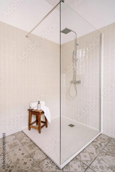 Fototapeta Modern bathroom featuring a stylish shower cabin for a refreshing experience