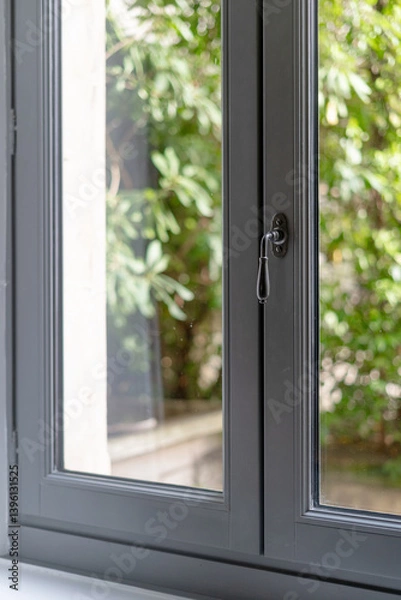 Fototapeta Modern window frame enhancing the living room with a view of the garden