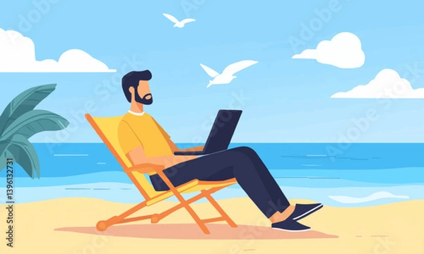 Fototapeta A man using a laptop while sitting on a beach chair with the ocean in the background, representing a remote work lifestyle.