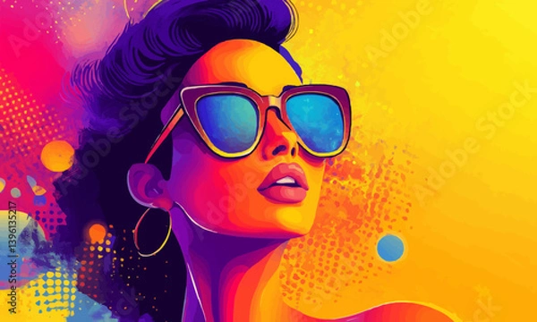 Fototapeta A vibrant and modern illustration of a woman wearing oversized sunglasses, set against a bright, abstract background with dynamic colors and shapes.