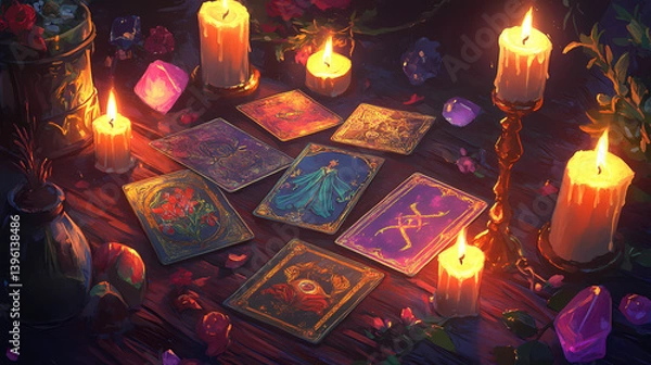 Fototapeta Illustration of a tarot card reading, with cards like the fool and the tower, surrounded by candles and crystals. Oracles Mark. Illustration