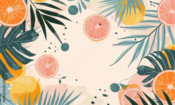 Obraz Abstract tropical palm leaves and exotic fruits, providing a festive and exotic background for a summer or beach-themed party. simple minimalist illustration creative