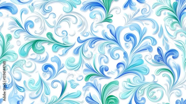 Fototapeta Elegant blue and green flourish seamless pattern design for tablewear and textile decoration