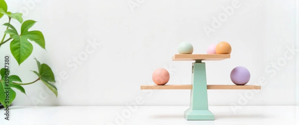 Fototapeta Colorful balance scales with balls in minimalist setting, hormone representation
