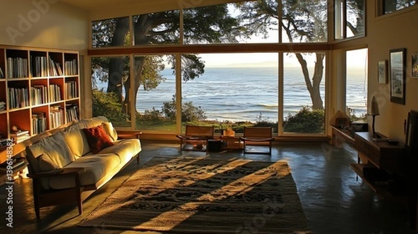 Fototapeta A coastal living room displays a scenic ocean view through large windows