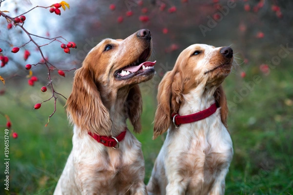 Obraz Two cute smiling dogs with long ears look at their owner with love. Walking in the autumn forest with young white and red hunting spaniel dogs.