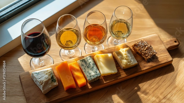 Fototapeta Overhead shot of cheese board and four wine glasses in tasting flight, natural daylight