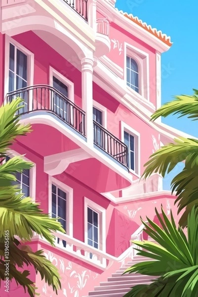 Obraz Grand Portuguese building with ornate balconies surrounded by lush greenery