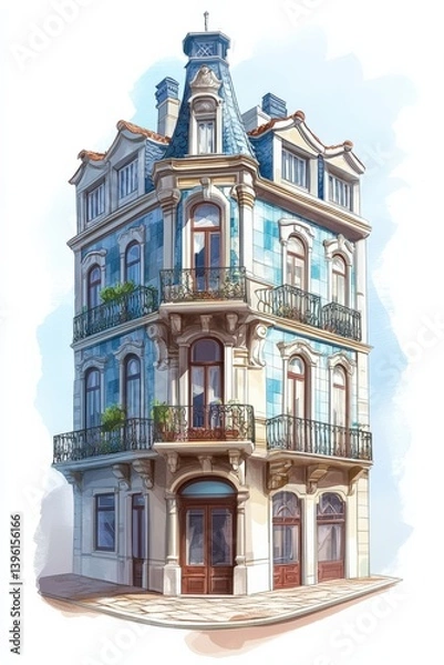 Obraz Grand Portuguese azulejo building with ornate balconies displayed against a soft pastel backdrop