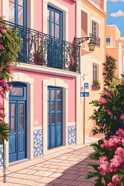 Obraz Grand Portuguese azulejo tiled building with ornate balconies in a pastel setting