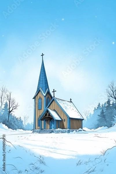 Fototapeta Scandinavian wooden church in winter with icy background and space for text