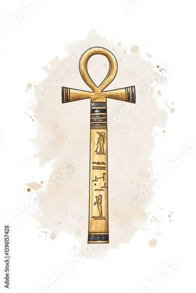 Obraz Illustration of Egyptian ankh symbol adorned with hieroglyphs against a papyrus inspired background