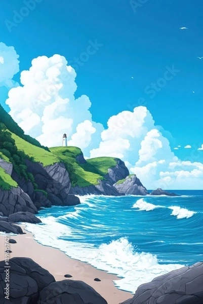 Fototapeta Irish coastal cliffside with a lighthouse overlooking the turbulent ocean waves