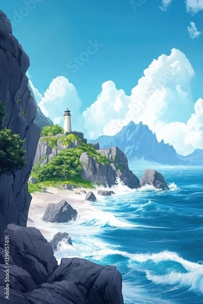Obraz Irish coastal cliffside with lighthouse standing strong against ocean waves under bright sky