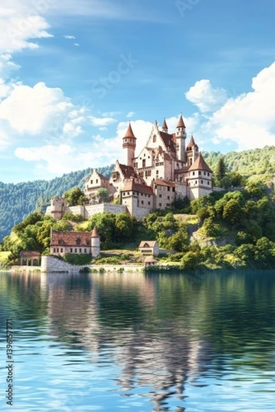 Fototapeta Old Scottish castle on a serene lake surrounded by lush green hills under a clear sky