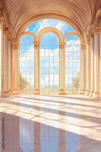 Fototapeta Ornate Baroque palace interior with grand windows and elaborate sculptures against a soft background