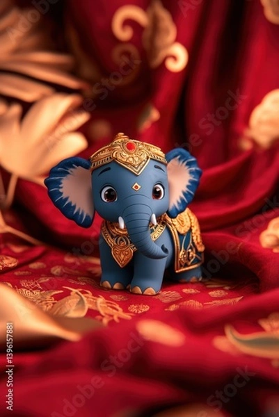 Obraz Ornate Indian elephant figurine with elaborate gold detailing on vibrant textile backdrop