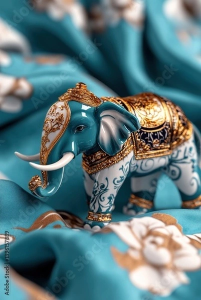 Obraz Ornate Indian elephant figurine with gold detailing on a textile backdrop