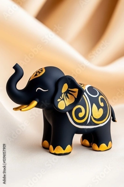Fototapeta Ornate Indian elephant figurine with gold accents and intricate patterns on a soft textile backdrop