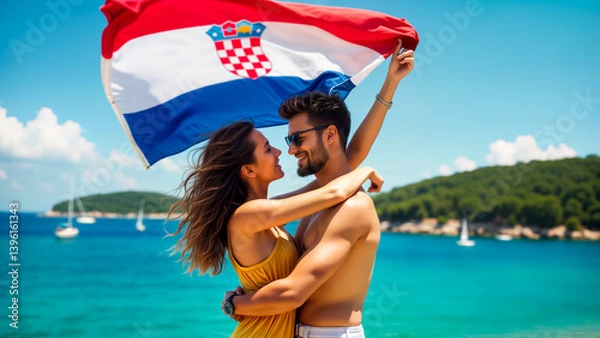 Fototapeta Joyful couple embracing at a beautiful Adriatic coastline with Croatian flag waving above them.