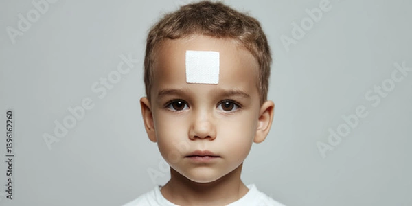 Fototapeta Sad kid with a medical patch on his forehead. Child injuries and abrasions, consequences of head trauma