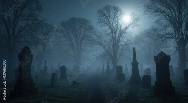 Fototapeta Mysterious graveyard at night with fog and moonlight  