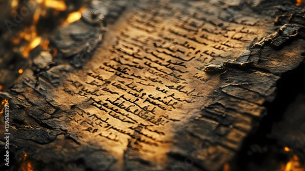 Fototapeta Burned ancient manuscript, close up - illustration. Lost Writings. Illustration