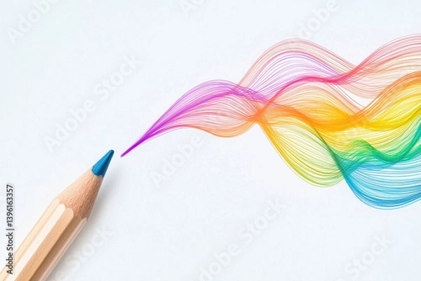 Fototapeta This playful clipart illustration features a classic pencil trailing a whimsical swirl of wavy, multicolored lines, all set against a clean white background, evoking creativity and fun