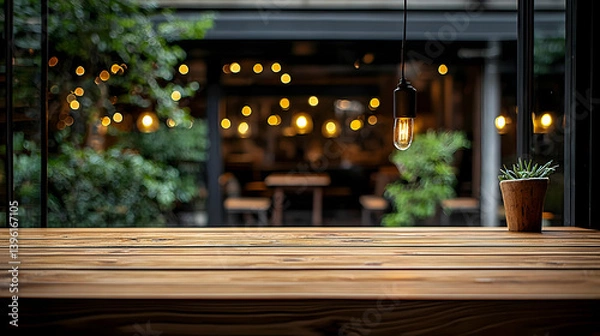 Fototapeta Empty Wooden Table In Front Of Blurred Cafe Interior With Warm Lights