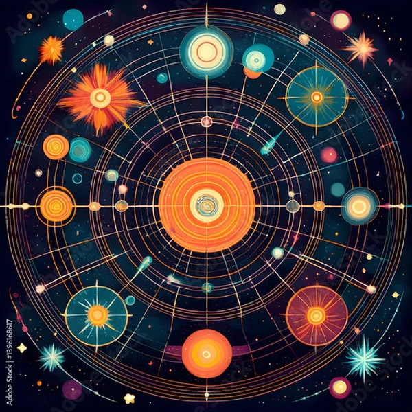 Fototapeta Celestial Array: Abstract Solar System with Geometric Grid and Cosmic Orbs.