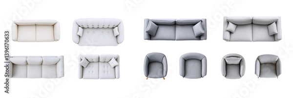 Fototapeta Set of white and gray furniture made of different materials. Fabric sofas and armchairs, top view and front view. Isolated on transparent background