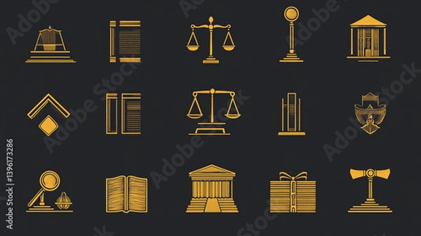 Fototapeta Law and justice golden icons set vector illustration for legal services lawyer advocate and court design